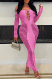 Backless Long Sleeve Off Shoulder Hollow Out See-Through Long Knitted Bodycon Maxi Dress