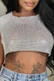Club Rhinestone Shinny Backless Sleeveless O Neck See-Through Chains Crop Tops