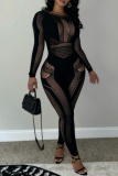 Club Evening O Neck Long Sleeve Hollow Out See-Through Knitted Skinny Jumpsuits One Piece Bodysuit