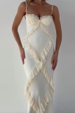 Sleeveless V Neck Ruffle Trim Side Slit Formal Party Evening Bodycon Maxi Slip Dress