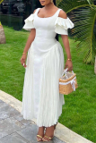 Backless Cold Sleeve U Neck Zipper Ruffled Trim Cinch Waist Formal Party Evening A Line Pleated Maxi Dress