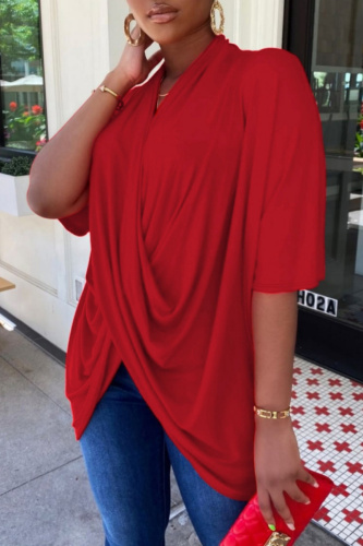 Casual V Neck Half Sleeve Irregular Hem Ruched Loose Vacation Blouse