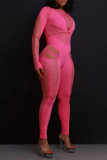 Club Evening O Neck Long Sleeve Hollow Out See-Through Knitted Skinny Jumpsuits One Piece Bodysuit