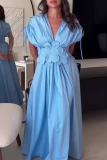 Flower Shape V Neck Short Sleeve Cinch Waist Draw String Waist Skirt A Line Pleated Maxi Dresses