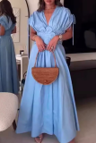 Flower Shape V Neck Short Sleeve Cinch Waist Draw String Waist Skirt A Line Pleated Maxi Dresses