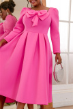 Bow Decor Square Neck Long Sleeve Cinch Waist Formal Party Evening Wedding Guest Pleated Midi Dresses