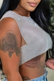 Club Rhinestone Shinny Backless Sleeveless O Neck See-Through Chains Crop Tops