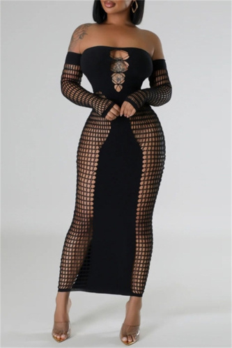 Backless Long Sleeve Off Shoulder Hollow Out See-Through Long Knitted Bodycon Maxi Dress