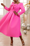 Bow Decor Square Neck Long Sleeve Cinch Waist Formal Party Evening Wedding Guest Pleated Midi Dresses