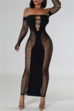 Backless Long Sleeve Off Shoulder Hollow Out See-Through Long Knitted Bodycon Maxi Dress