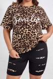 Casual Letter Leopard Print O Neck Short Sleeve Oversize T-shirt And Ripped Pants Plus Size Two Pieces Shorts Sets