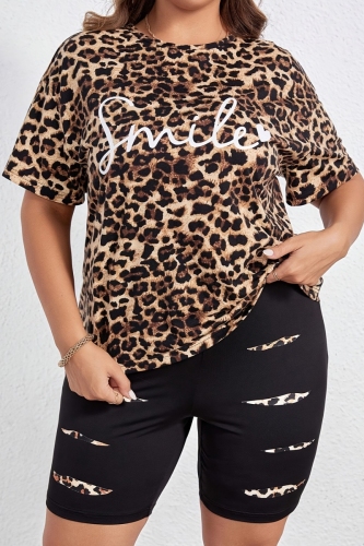 Casual Letter Leopard Print O Neck Short Sleeve Oversize T-shirt And Ripped Pants Plus Size Two Pieces Shorts Sets