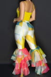 Casual Contrast Print Mesh High Waist Ruffled Hem Flared Pants