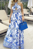 Floral Print Backless Sleeveless Hollow Out Cinch Waist Vacation Halter Crossover Flowy Maxi Summer Dresses