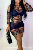 Backless Sleeveless O Neck See-Through Hollow Out Night Club Knitted Bodycon Mini Dresses