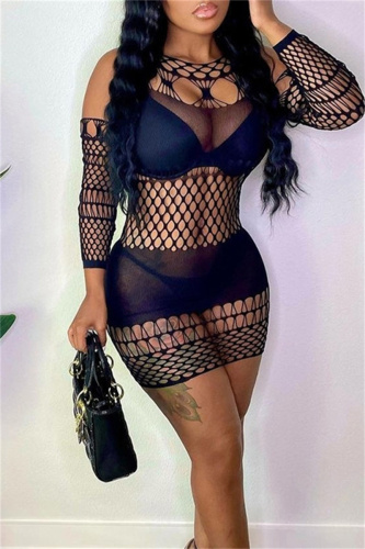 Backless Sleeveless O Neck See-Through Hollow Out Night Club Knitted Bodycon Mini Dresses