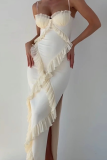 Sleeveless V Neck Ruffle Trim Side Slit Formal Party Evening Bodycon Maxi Slip Dress