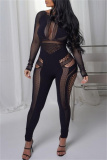 Club Evening O Neck Long Sleeve Hollow Out See-Through Knitted Skinny Jumpsuits One Piece Bodysuit