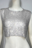 Club Rhinestone Shinny Backless Sleeveless O Neck See-Through Chains Crop Tops