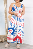Casual Geometric Print O Neck Sleeveless Pocket Loose Vacation Wide Leg Tank Jumpsuits