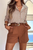 Striped Print Turndown Collar Long Sleeve Pocket Blouse And Shorts Vacation Formal Office Lady Two Pieces Shorts Sets