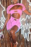 Night Club Rhinestone O Neck Short Sleeve Hollow Out Knitted Tube Romper And Crop Tops Two Pieces Sets