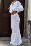 Formal V Neck Long Sleeve Buttons Hollow Out Knitted Blouse And Maxi Skirt Vacation Two Pieces Dress Sets