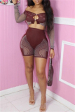 Sportwear Backless V Neck Long Sleeve Hollow Out See-Through Mesh Crop Tops And Shorts Two Pieces Shorts Sets