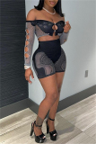 Sportwear Backless V Neck Long Sleeve Hollow Out See-Through Mesh Crop Tops And Shorts Two Pieces Shorts Sets