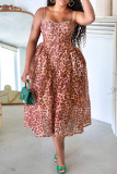 Leopard Print Backless Sleeveless Spaghetti Strap Cinch Waist Vacation Mesh A Line Pleated Midi Slip Dresses