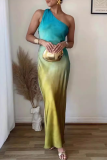 Gradient Print Backless Sleeveless Sloping Shoulder One Step Skirt Formal Party Evening Maxi Dresses