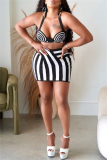 Sleeveless Backless Striped Print Halter Bra Crop Tops And Mini Skirt Vacation Two Pieces Dress Sets