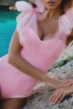 Sleeveless Backless Belted Mesh Tie Shoulder Vacation Beach Bodycon One Piece Swimwear