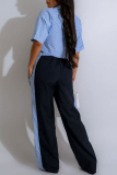 Casual Stripe Print Turndown Collar Half Sleeve Crop Tops And Wide Leg Pants Pocket Lace Up Vacation Two Pieces Trouser Sets
