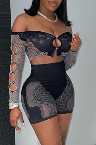 Sportwear Backless V Neck Long Sleeve Hollow Out See-Through Mesh Crop Tops And Shorts Two Pieces Shorts Sets