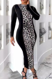Leopard Print O Neck Long Sleeve Wrapped Skirt Formal Party Evening Bodycon Maxi Dress
