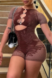 O Neck Short Sleeve Hollow Out See-Through Skinny Rompers One Piece Bodysuit