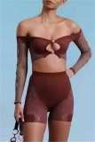 Sportwear Backless V Neck Long Sleeve Hollow Out See-Through Mesh Crop Tops And Shorts Two Pieces Shorts Sets