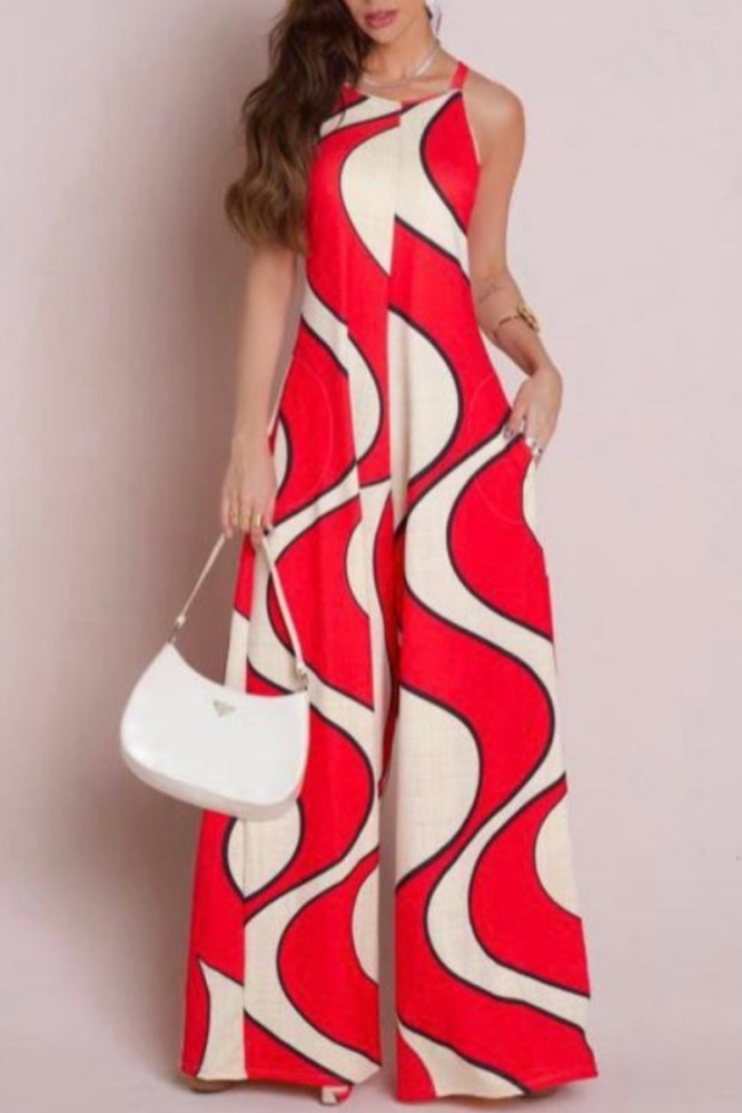 Contrast Color Printing Sleeveless Wide Leg Jumpsuits