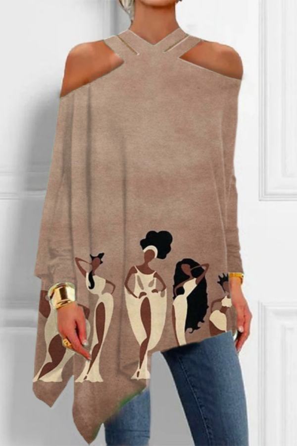 Casual Figure Print V Neck Long Sleeve Halter Crossover Irregular Hem Hollow Out Vacation Blouse