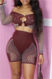 Sportwear Backless V Neck Long Sleeve Hollow Out See-Through Mesh Crop Tops And Shorts Two Pieces Shorts Sets