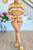 Casual Stripe Turndown Collar Short Sleeve Pocket Buckle Strap Design Blouse And Shorts Vacation Knitted Two Pieces Shorts Sets