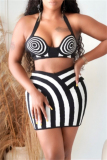 Sleeveless Backless Striped Print Halter Bra Crop Tops And Mini Skirt Vacation Two Pieces Dress Sets