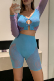Sportwear Backless V Neck Long Sleeve Hollow Out See-Through Mesh Crop Tops And Shorts Two Pieces Shorts Sets