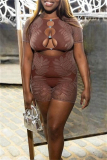 O Neck Short Sleeve Hollow Out See-Through Skinny Rompers One Piece Bodysuit
