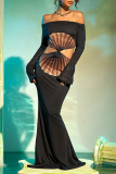 Graphics Print Backless Off Shoulder Long Sleeve Mermaid Hem Hollow Out Long Formal Party Evening Bodycon Maxi Dress