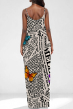 Graphcis Print Backless Spaghetti Strap Floor Length Vacation Baggy Sundress Slip Maxi Dress
