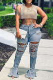 Casual Solid Color Ripped Patchwork Cut Out Plus Size Slim Fit Skinny Flare Denim Jeans Bell Bottoms