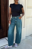 Casual Solid Color Vintage Patchwork High Waist Straight Wide Leg Denim Jeans