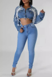 Street Pearls Decor Turndown Collar Long Sleeve Pocket Buckle Patchwork Loose Denim Crop Jacket